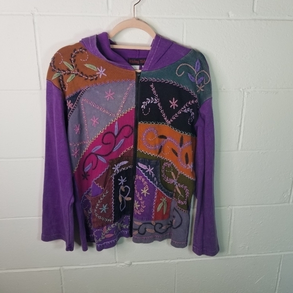 Vtg Rising Tide patchwork hippie hoodie - Picture 2 of 8
